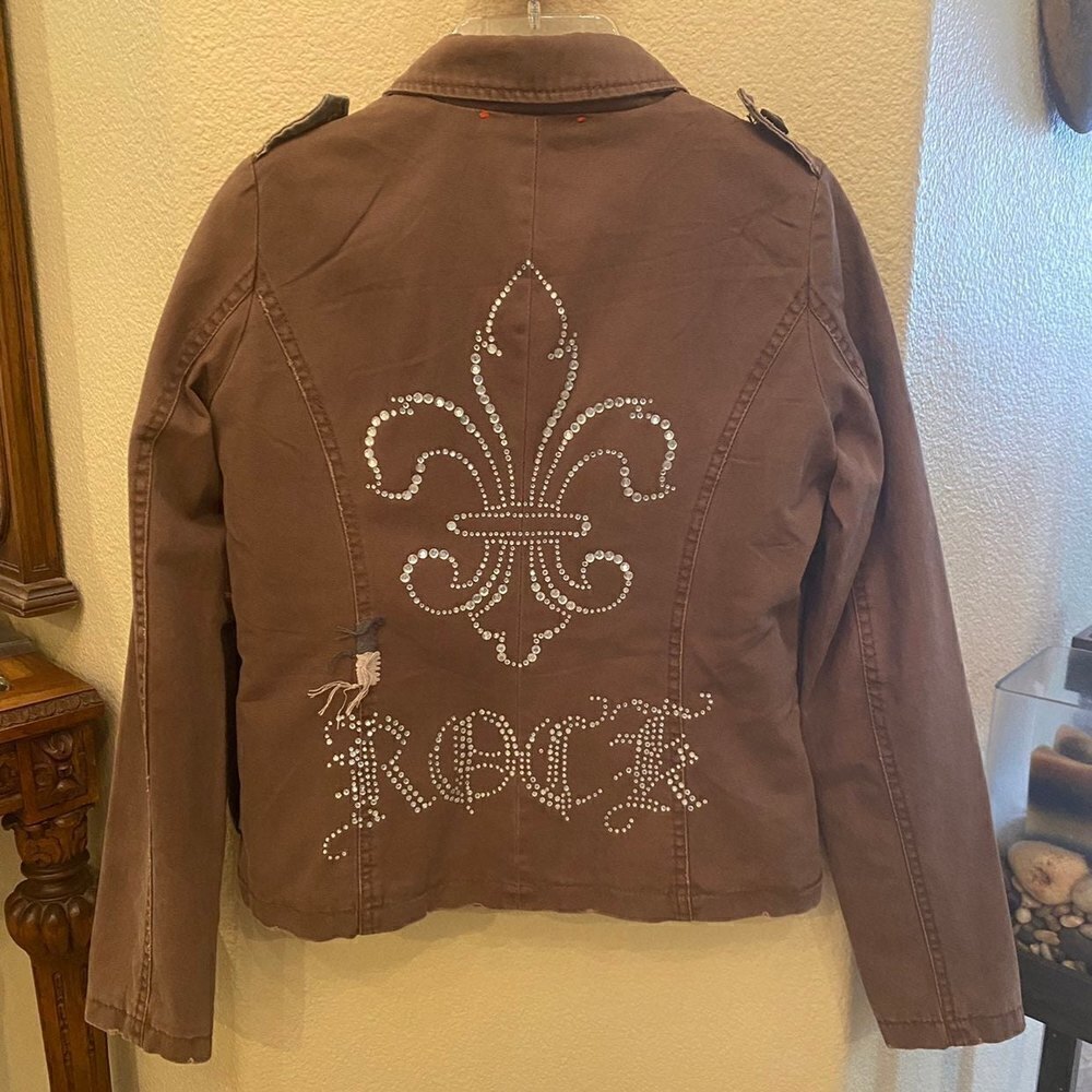 NWT~MISS ME Brown Rhinestone Embellish Bling Distressed Y2K Jacket Size Small